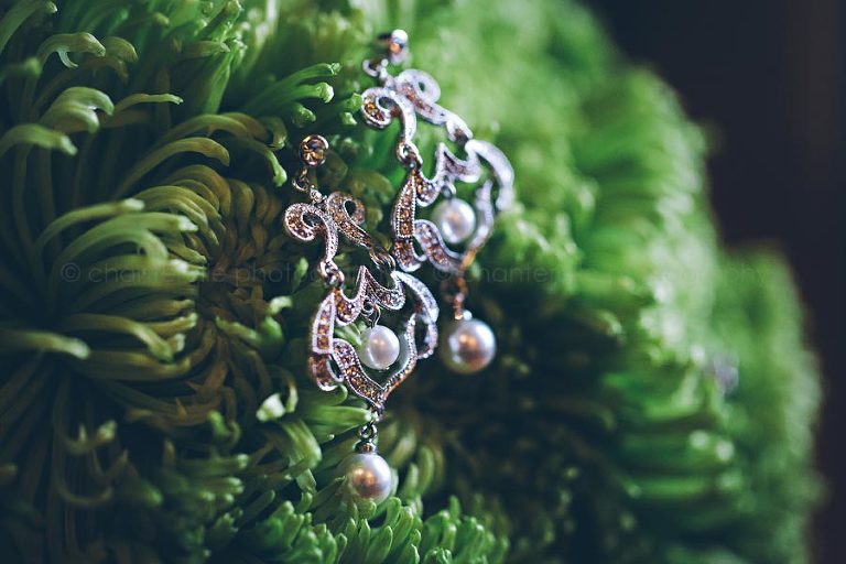 bride's earrings on green mums