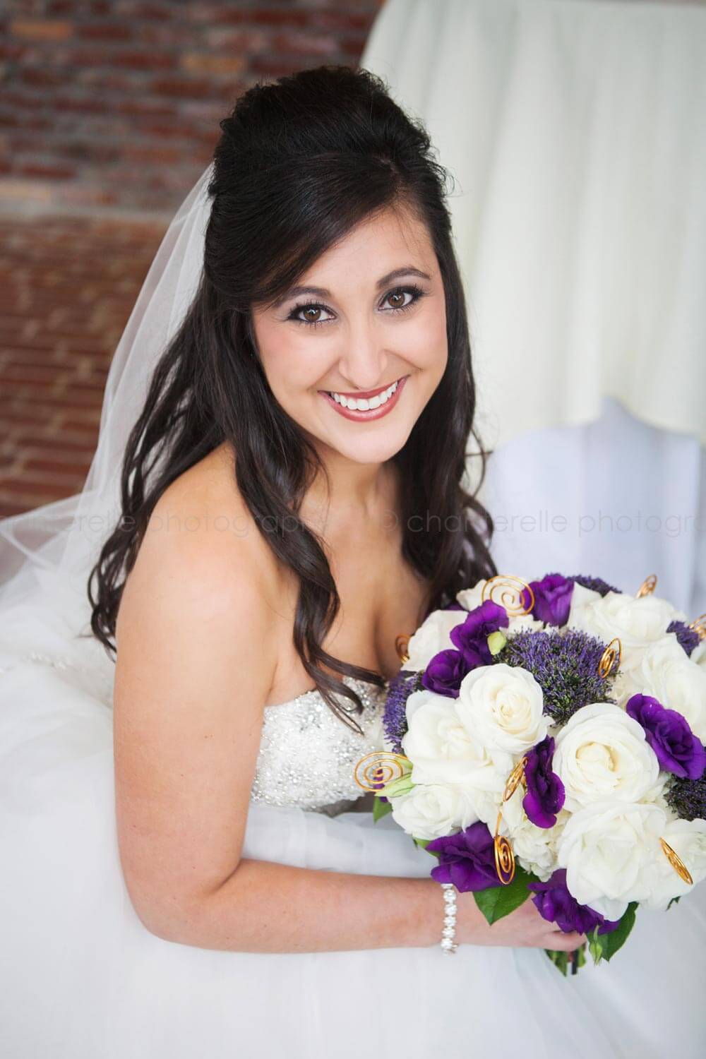 bride with purple and white bouquet in atlanta