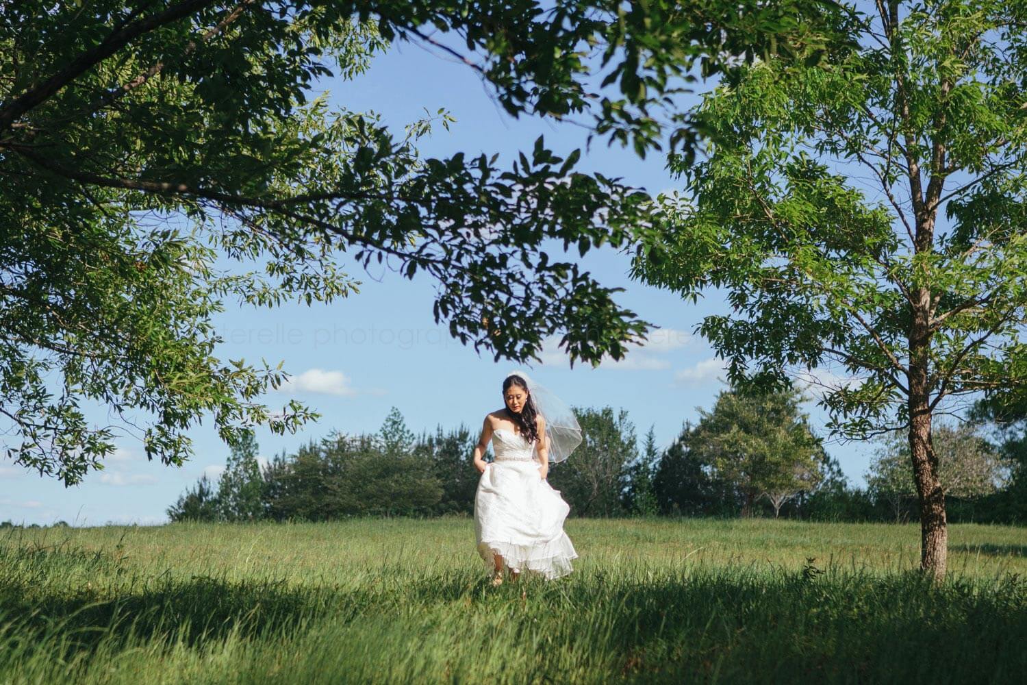 bride walking through field in alabama