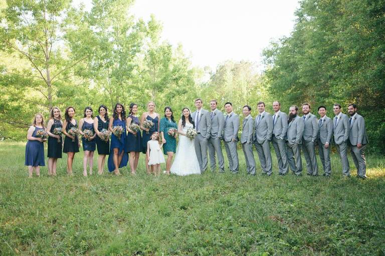 gray and navy bridal party before alabama rustic wedding ceremony
