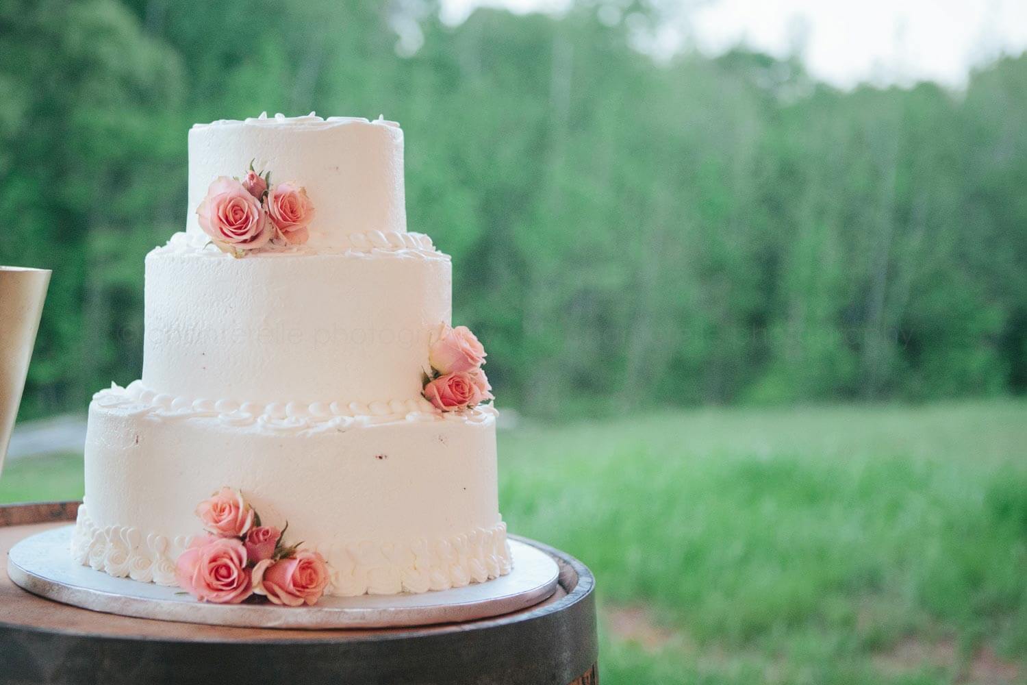simple white tiered wedding cake with flowers at alabama wedding