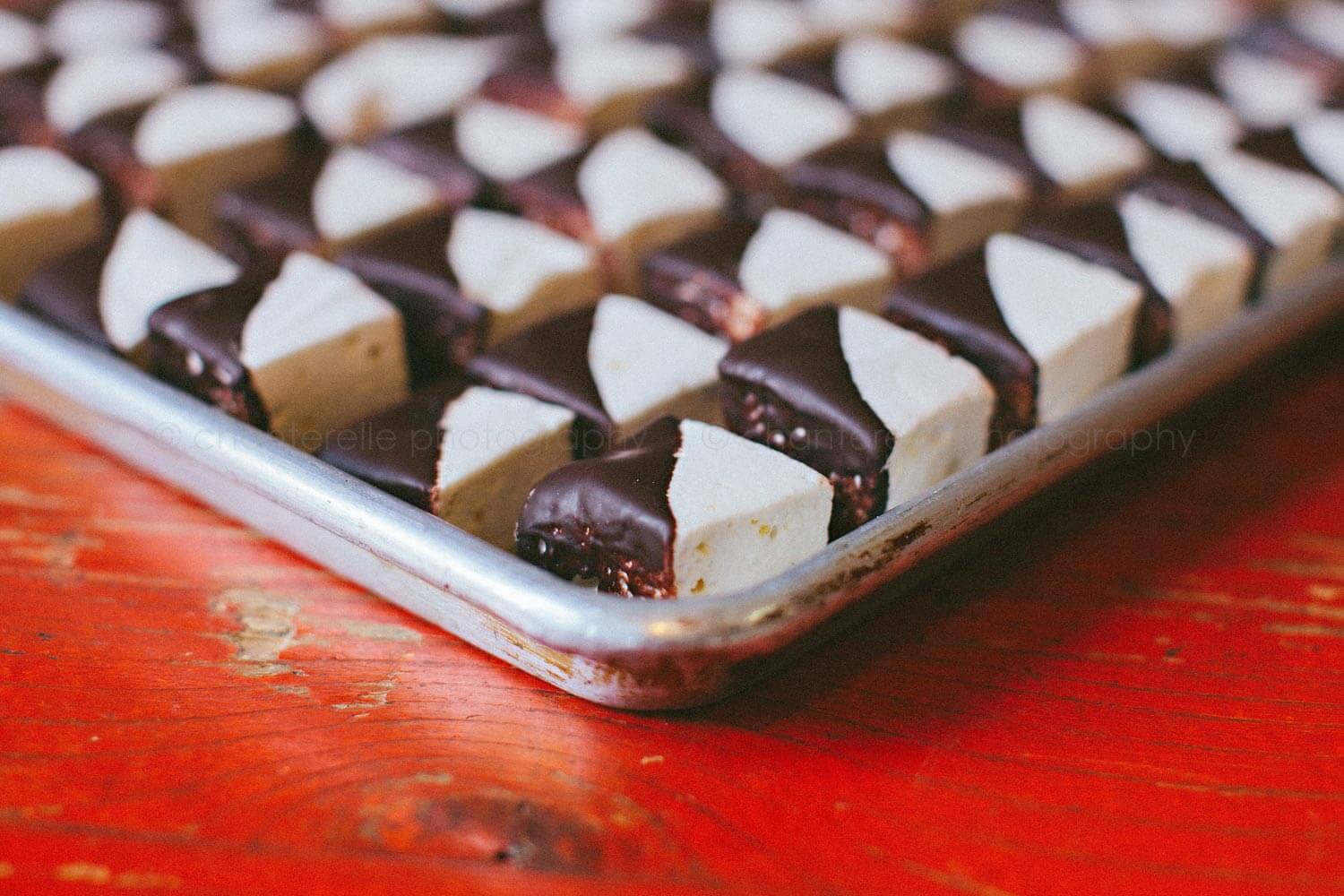 chocolate dipped marshmallows on tray