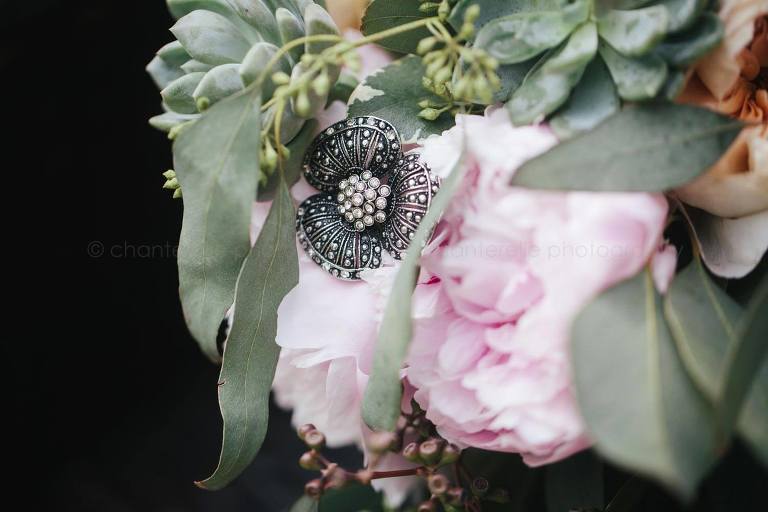 pink peony bouquet with antique brooch flower pin
