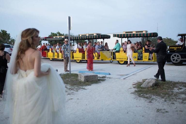 conch train picking up wedding guests at key west wedding