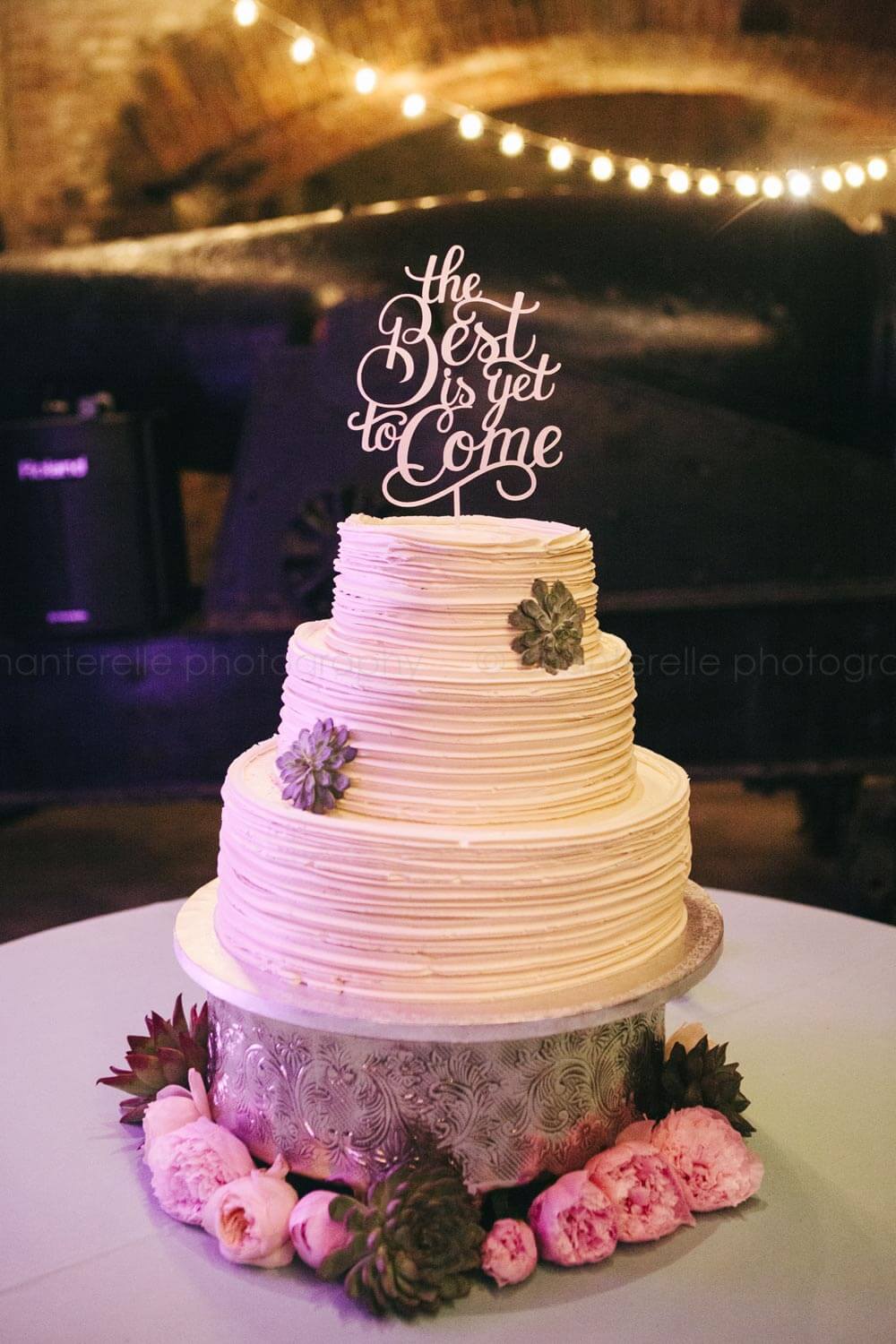 wedding cake with succulents and laser cut topper at key west wedding