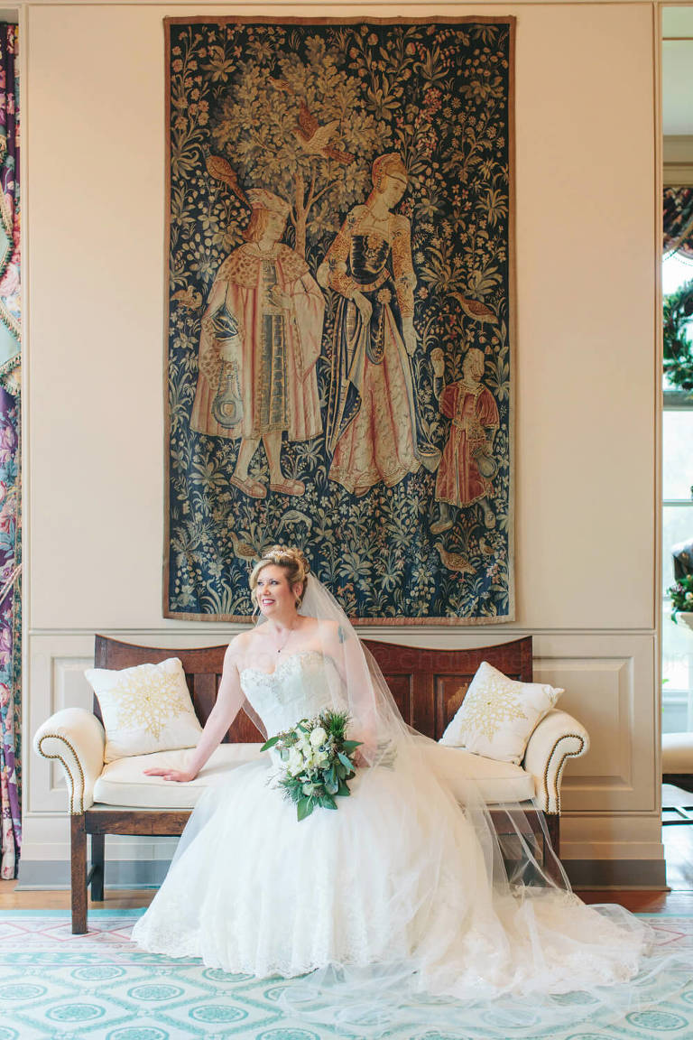 bridal portrait in patrons room at shakespeare theater