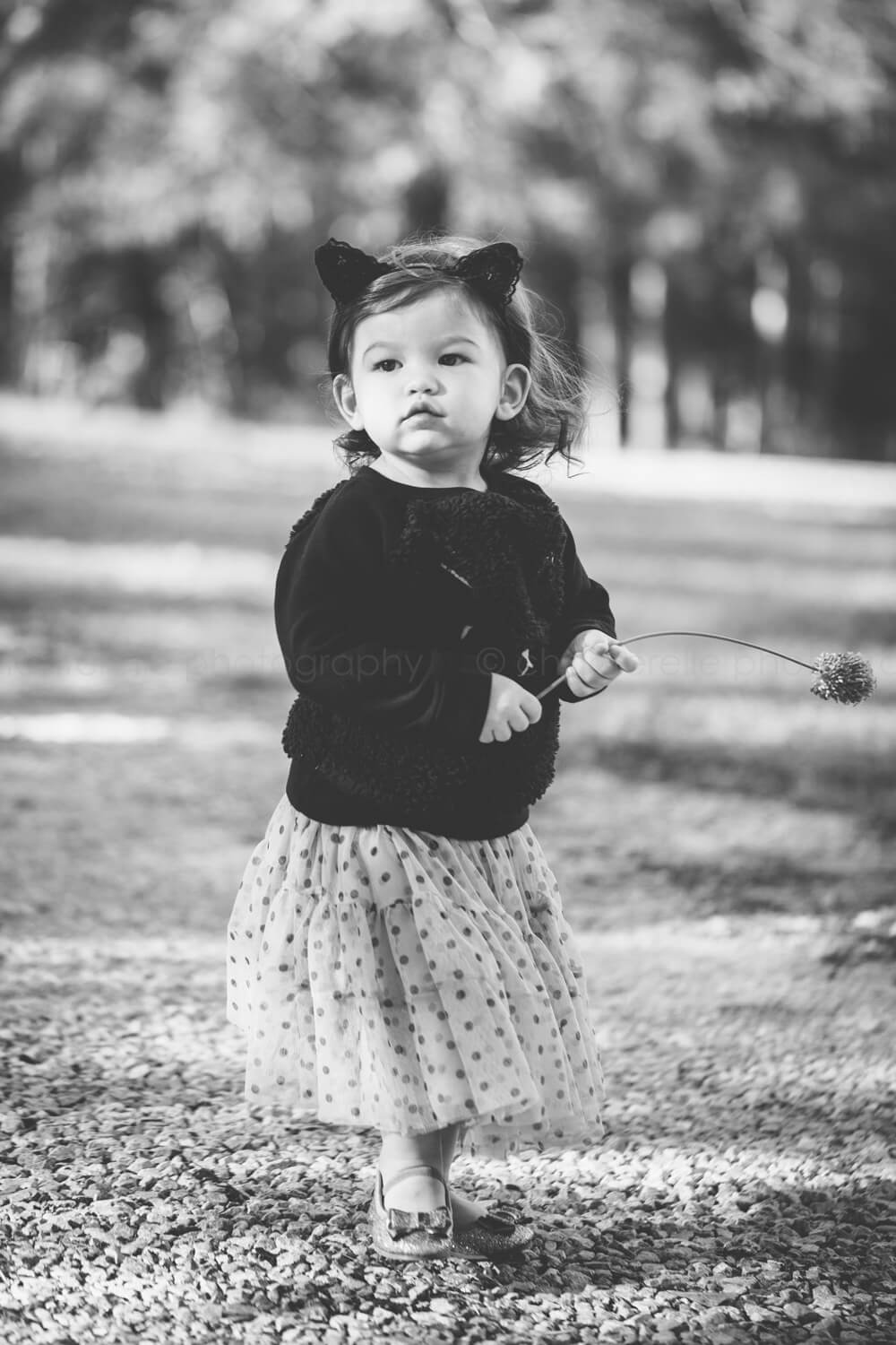 baby in cat costume in black and white