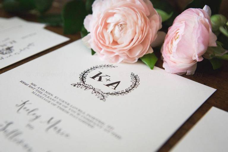 wedding invitation with pink ranunculus