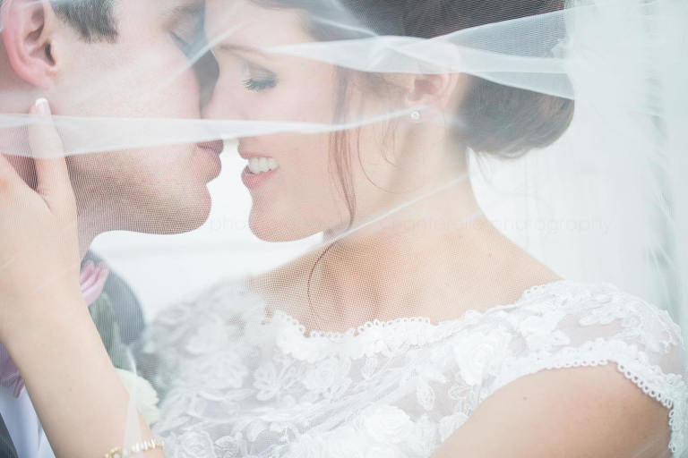 romantic bride and groom picture under veil
