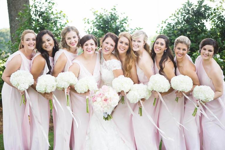 bride and bridesmaids in pink dresses at rocky mount