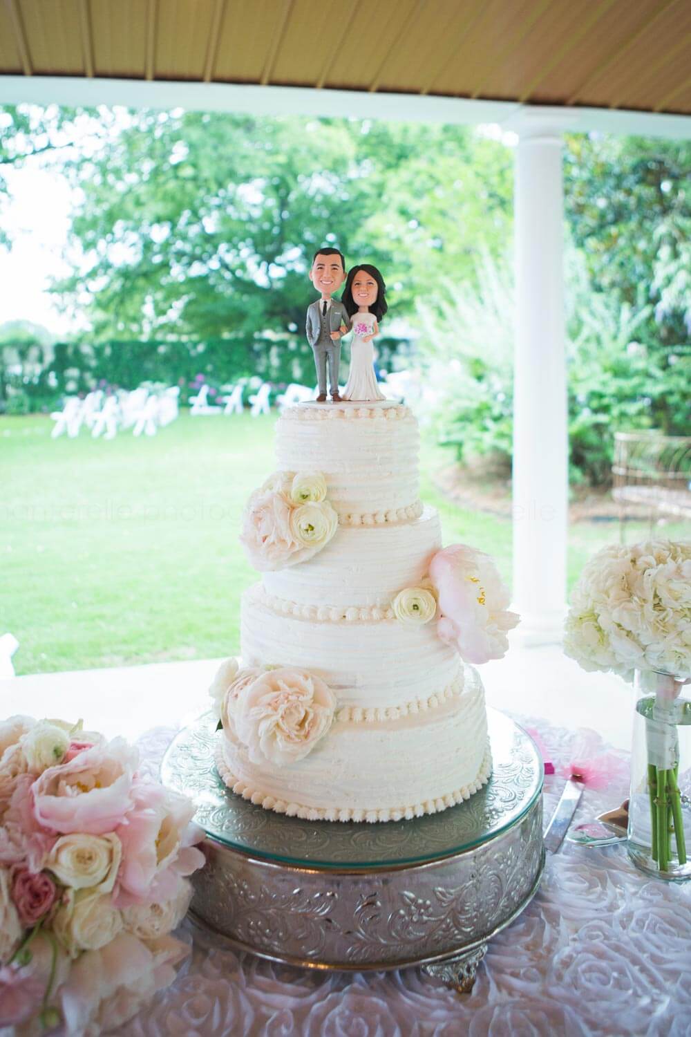 wedding cake with peonies at rocky mount prattville