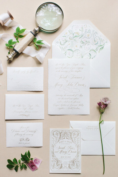 botanical wedding invitation suite with calligraphy