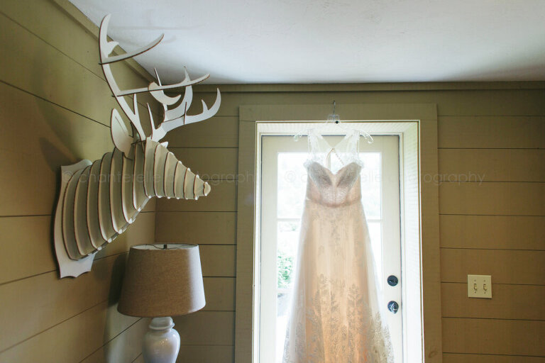 wedding gown hanging next to deer mount sculpture