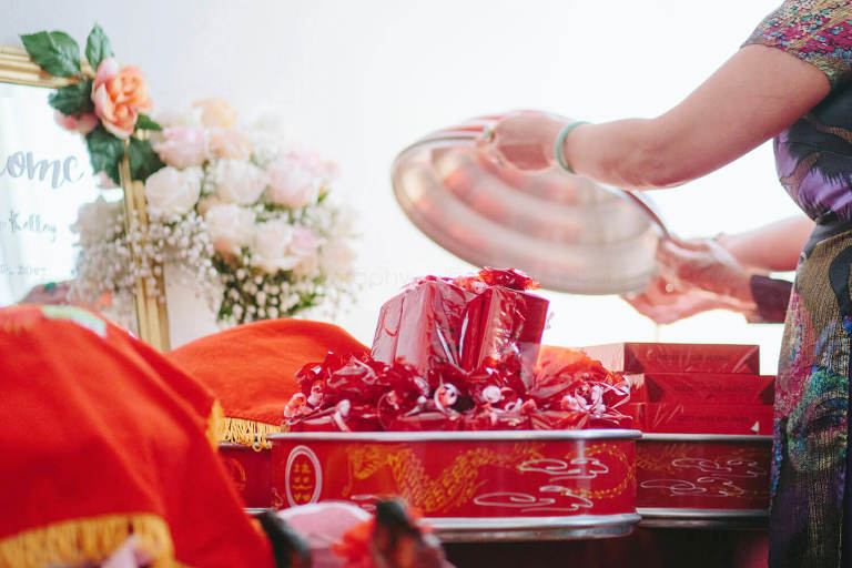 vietnamese wedding gifts in red cellophane