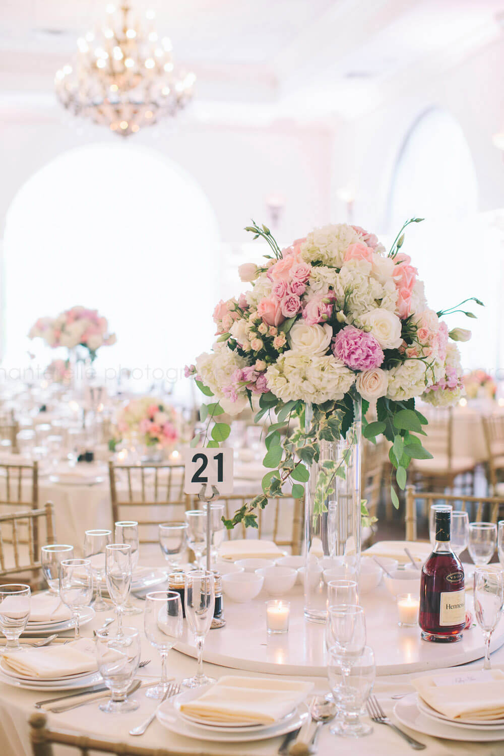pink and white centerpieces at the villa westminster