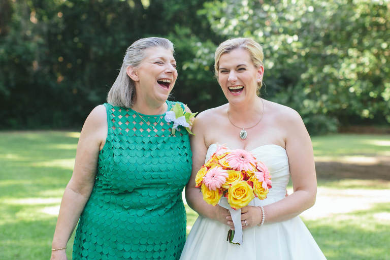 bride and mother laughing at the elms