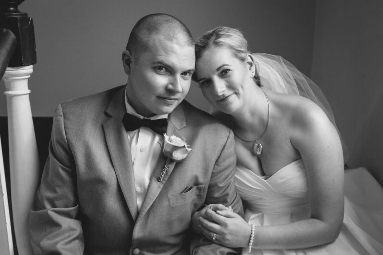 black and white bride and groom portrait at the elms