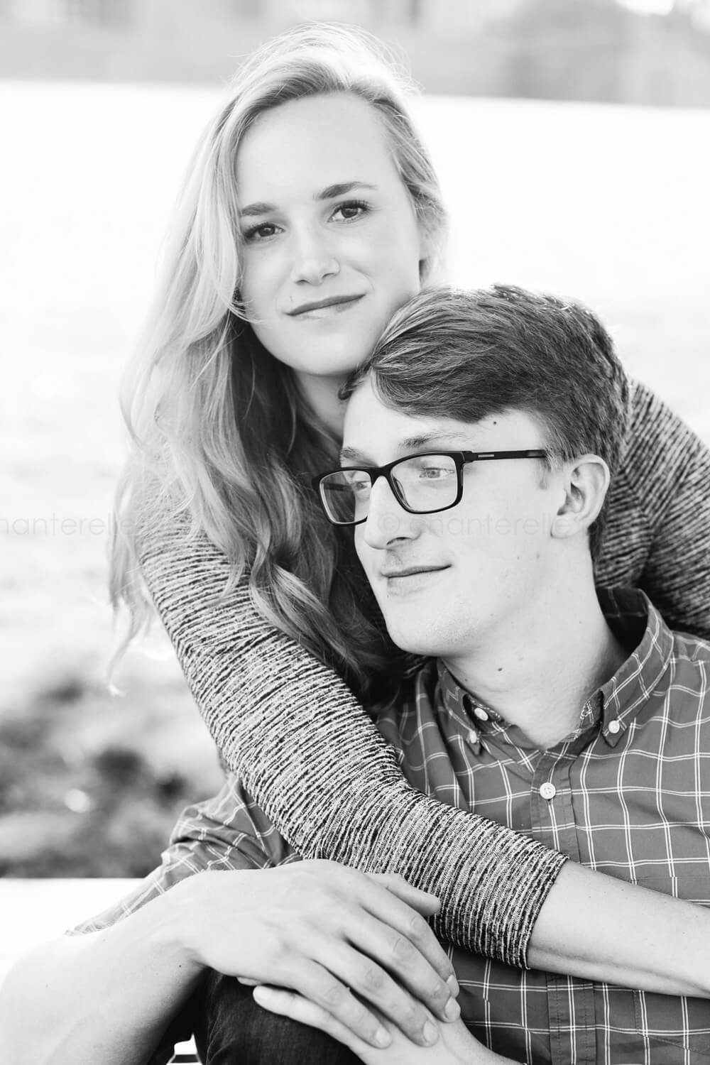 black and white engagement photo in montgomery
