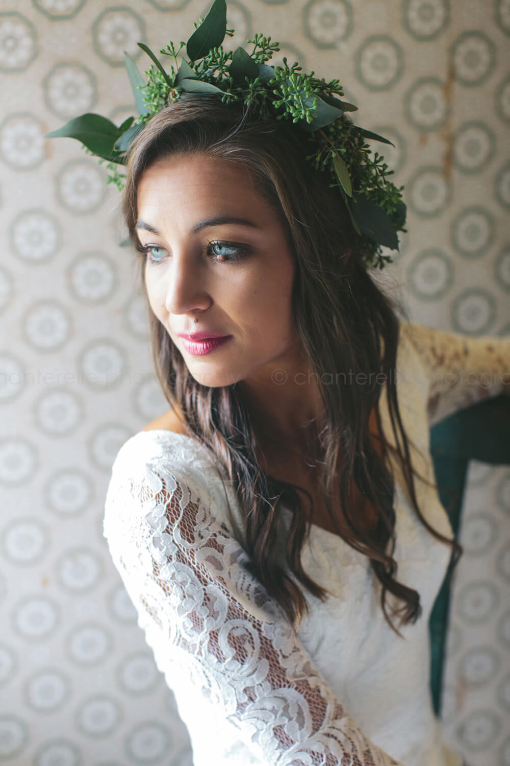blue eyed bride in flower crown