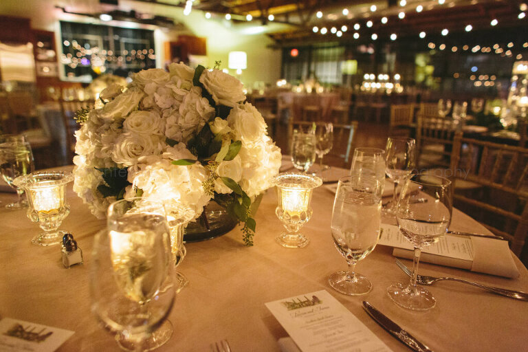 white floral centerpieces at summerour studio wedding reception
