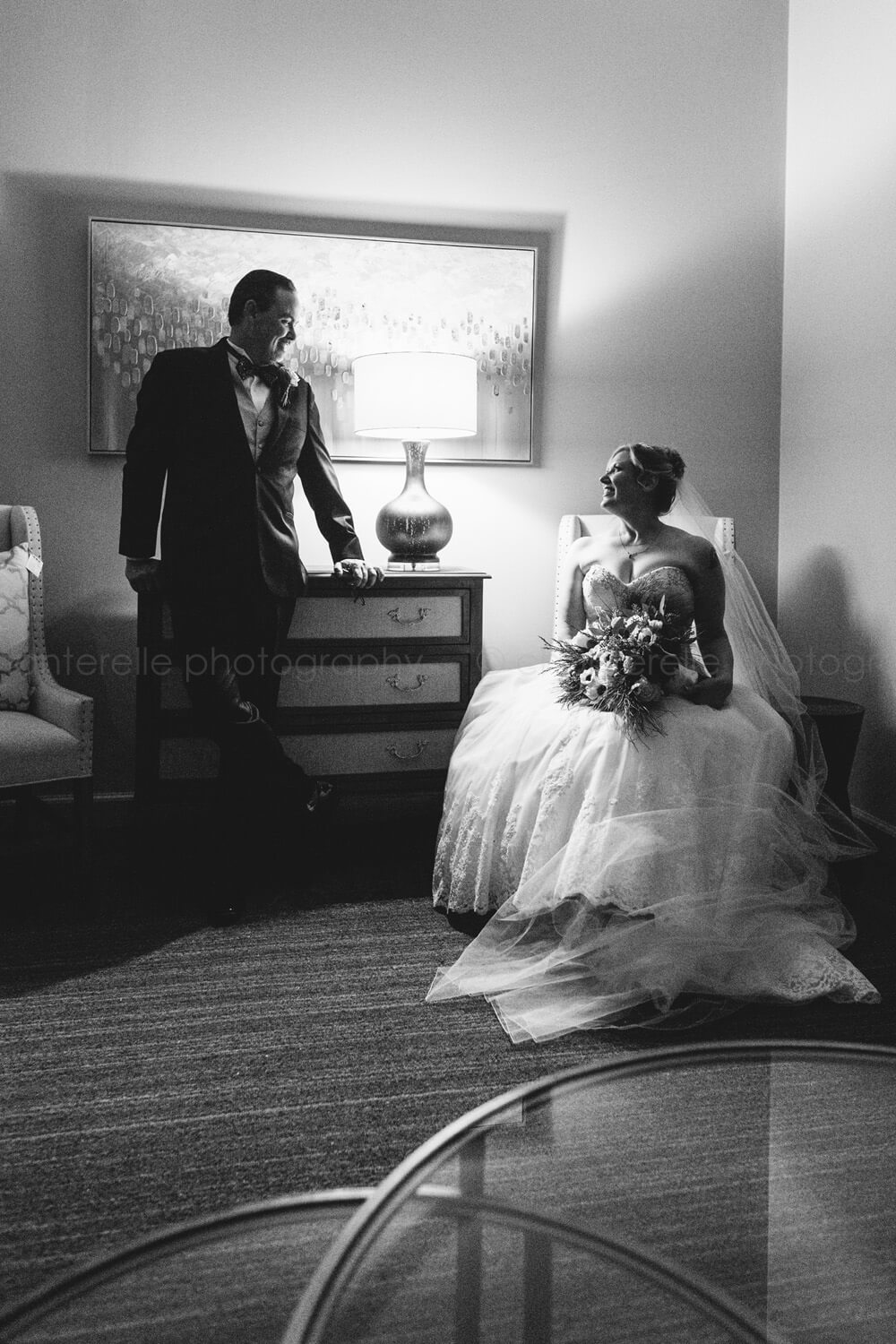 dramatic black and white bride and groom portrait