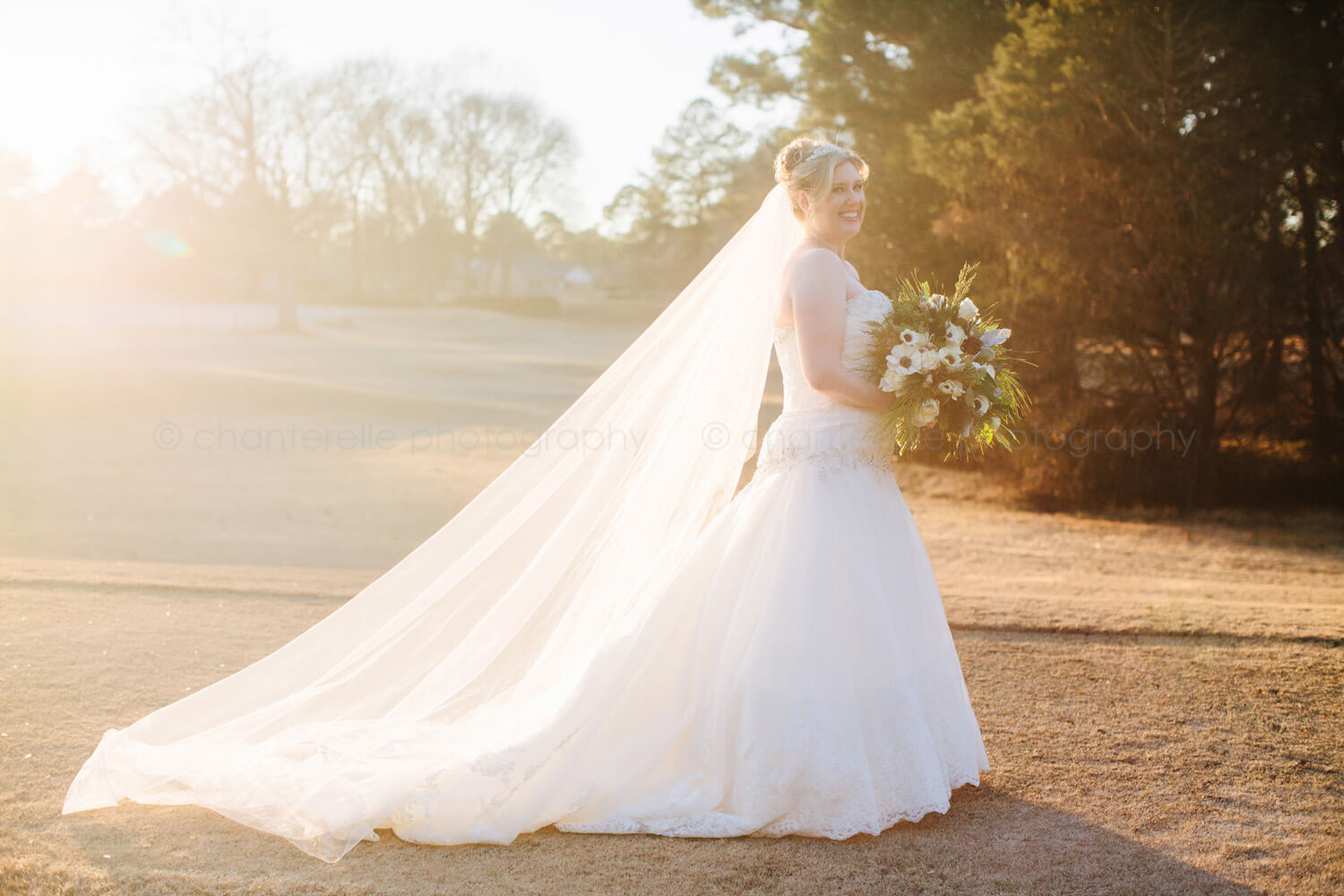 backlit bridal portrait with long veil
