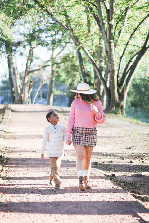 woman and son walking in prattville alabama